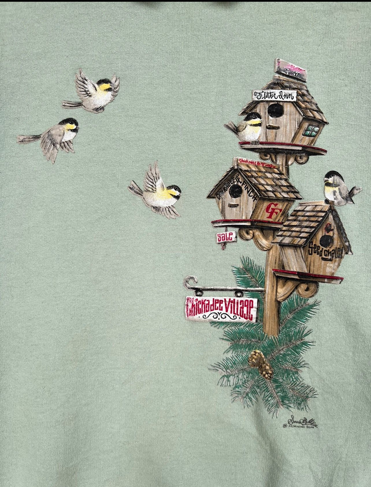 Vintage 90s Morning Sun Bird Chickadee Village Sweatshirt