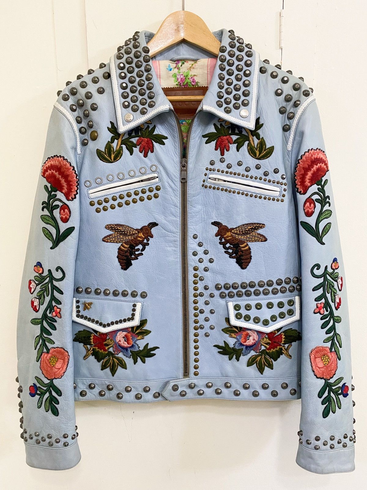 Gucci $8K Sky Blue Embroidered Floral Studded Leather Biker