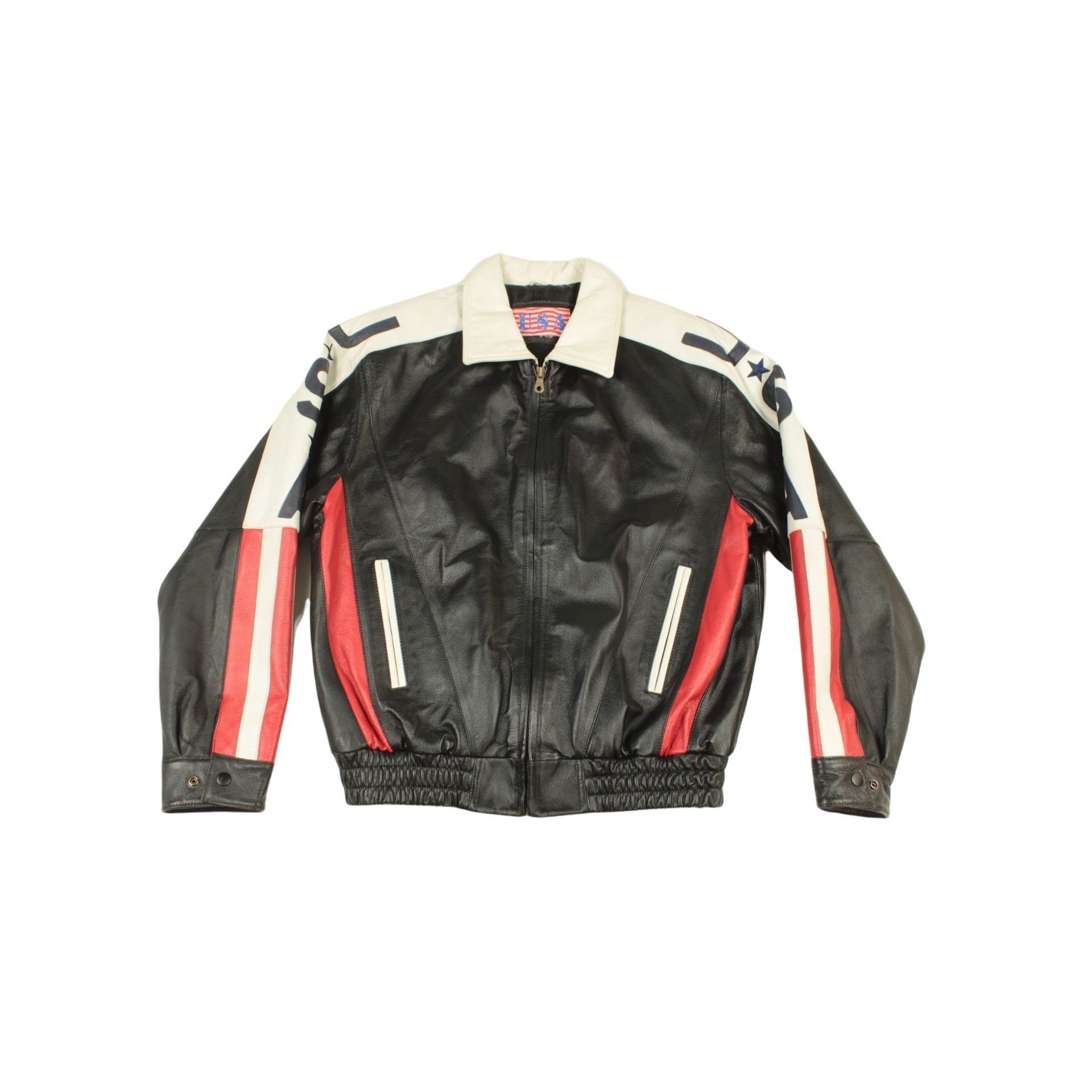 Vintage 80s USA Big Flag Collared Leather Racing Motorcycle Jacket ...
