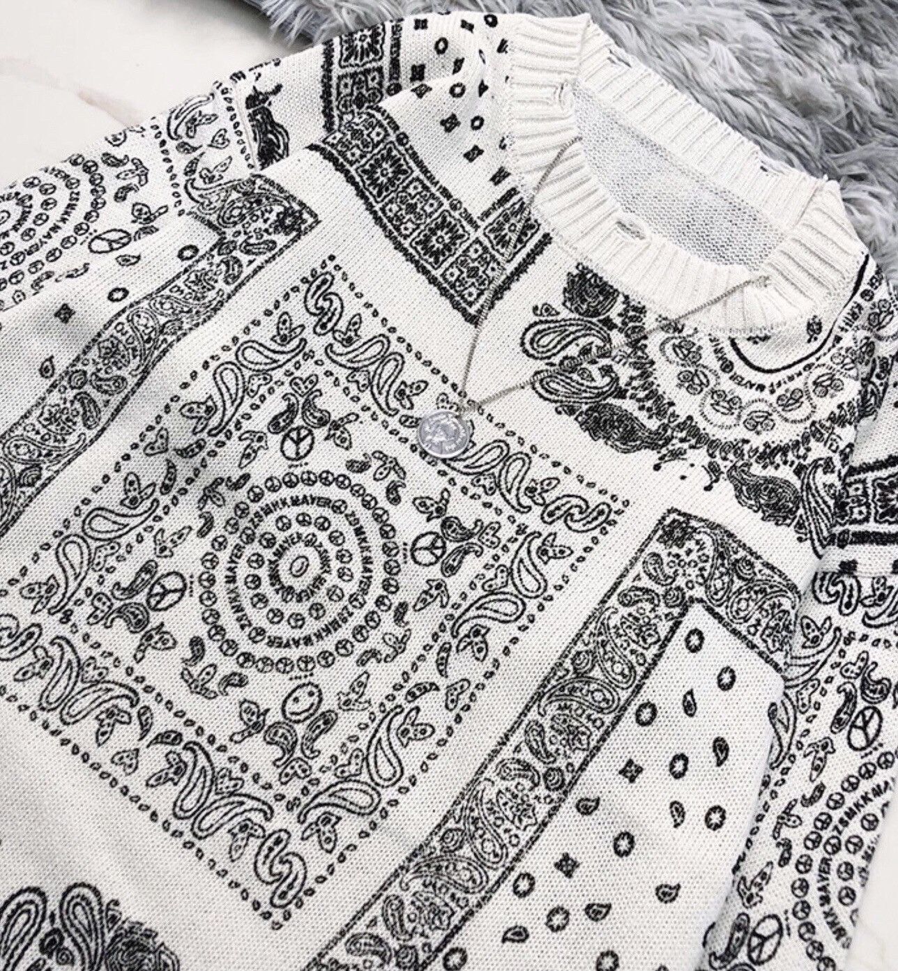 White distressed paisley bandana sweater jumper knitwear