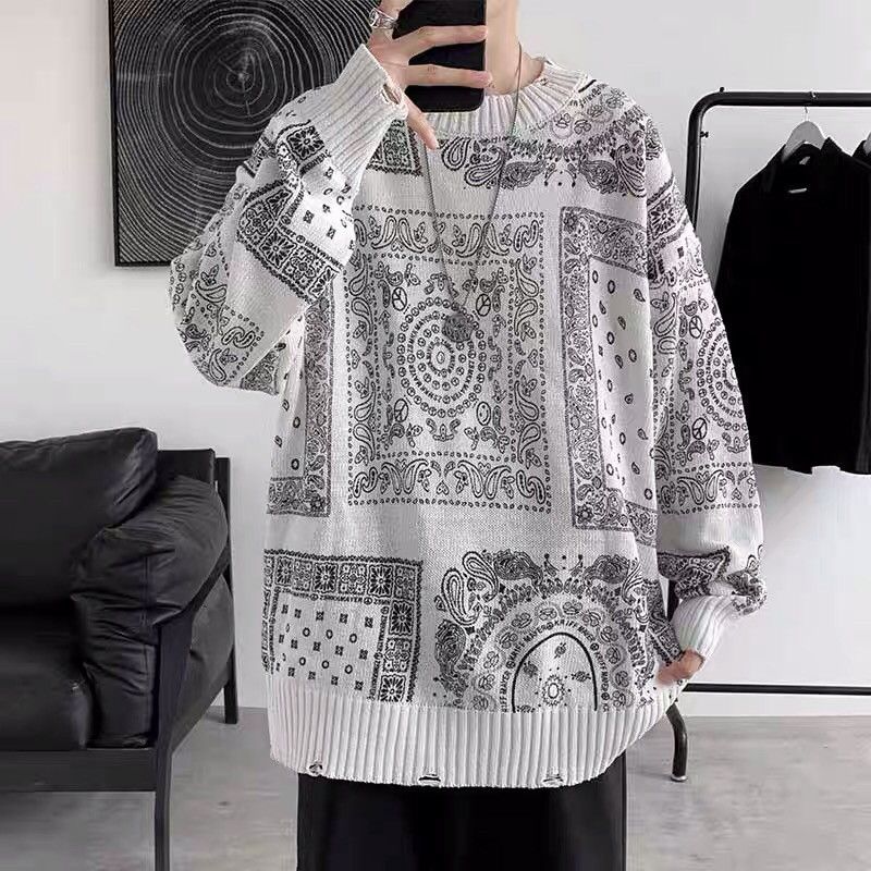 White distressed paisley bandana sweater jumper knitwear