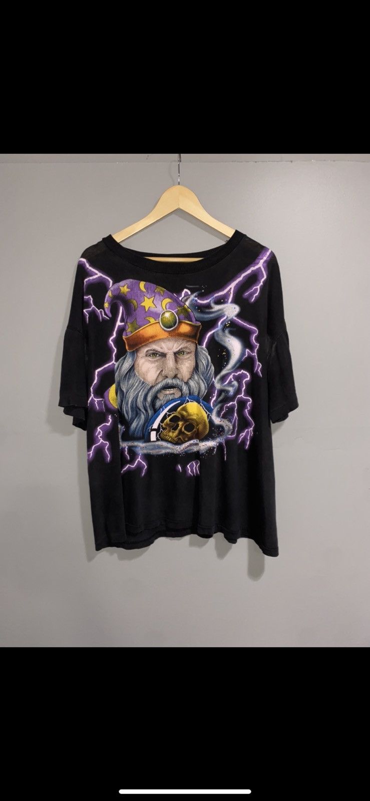 Vintage American store Thunder Wizard Merlin skulls Lightning Black Shirt Large