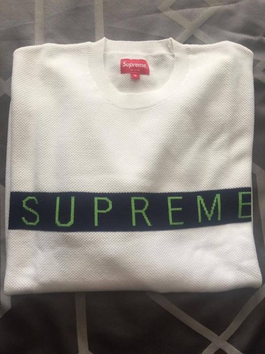 Supreme Supreme Logo Stripe Pique Crewneck | Grailed