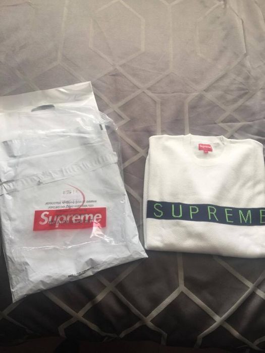 Supreme Supreme Logo Stripe Pique Crewneck | Grailed