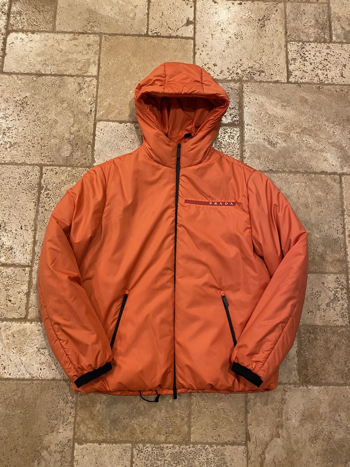 Prada Prada Logo Stripe Technical Nylon Padded Orange Jacket Grailed