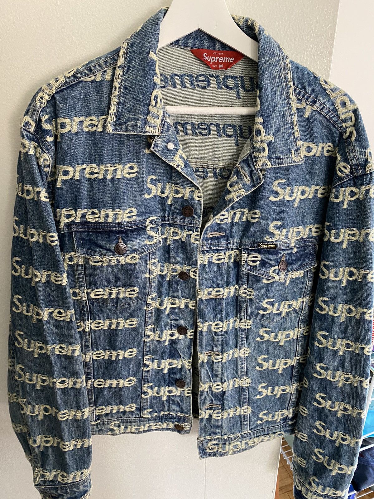 Supreme Frayed Logos Denim Trucker Jacket Blue - Novelship