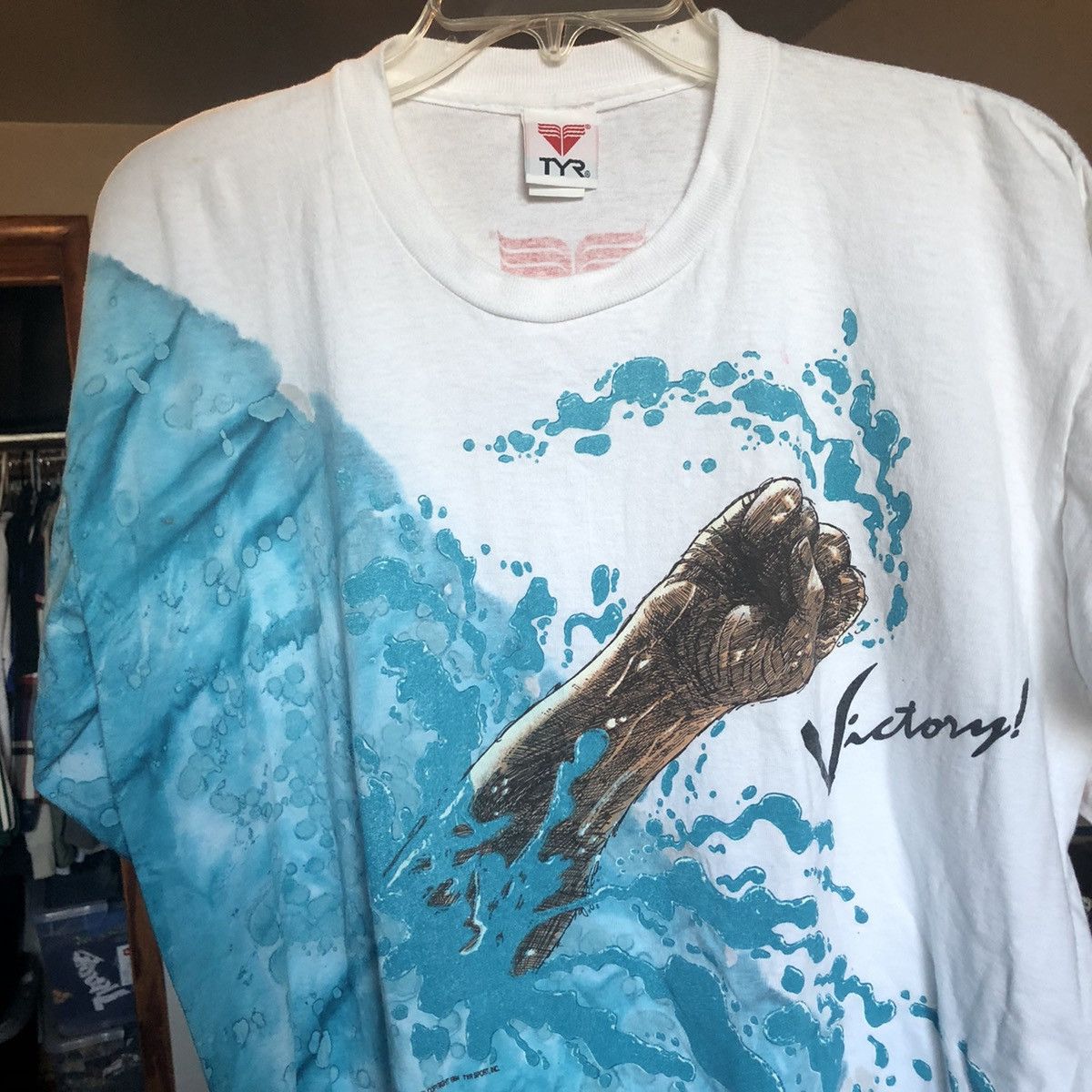 Vintage Vintage 1990s TYR Sport Victory! Fist All Over Print AOP Tee Size US L / EU 52-54 / 3 - 1 Thumbnail