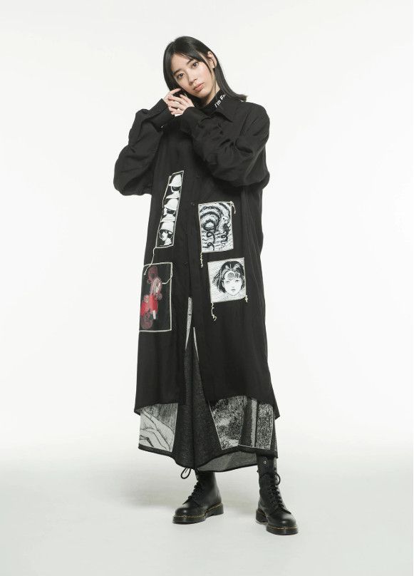 image of Junji Ito X Yohji Yamamoto "uzumaki" Tencel Long Shirt in Black, Men's (Size Medium)