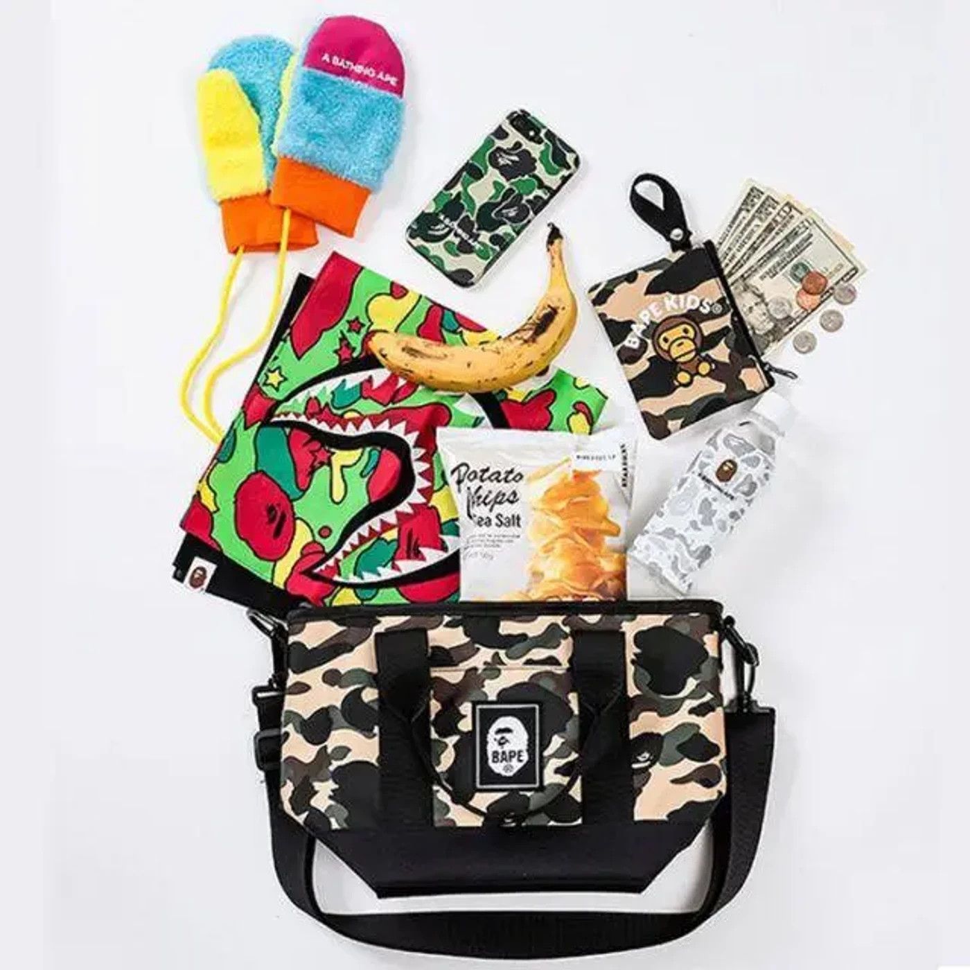 Bape Camo Logo Tote Bag + Baby Milo Mini Wallet Set, Men's