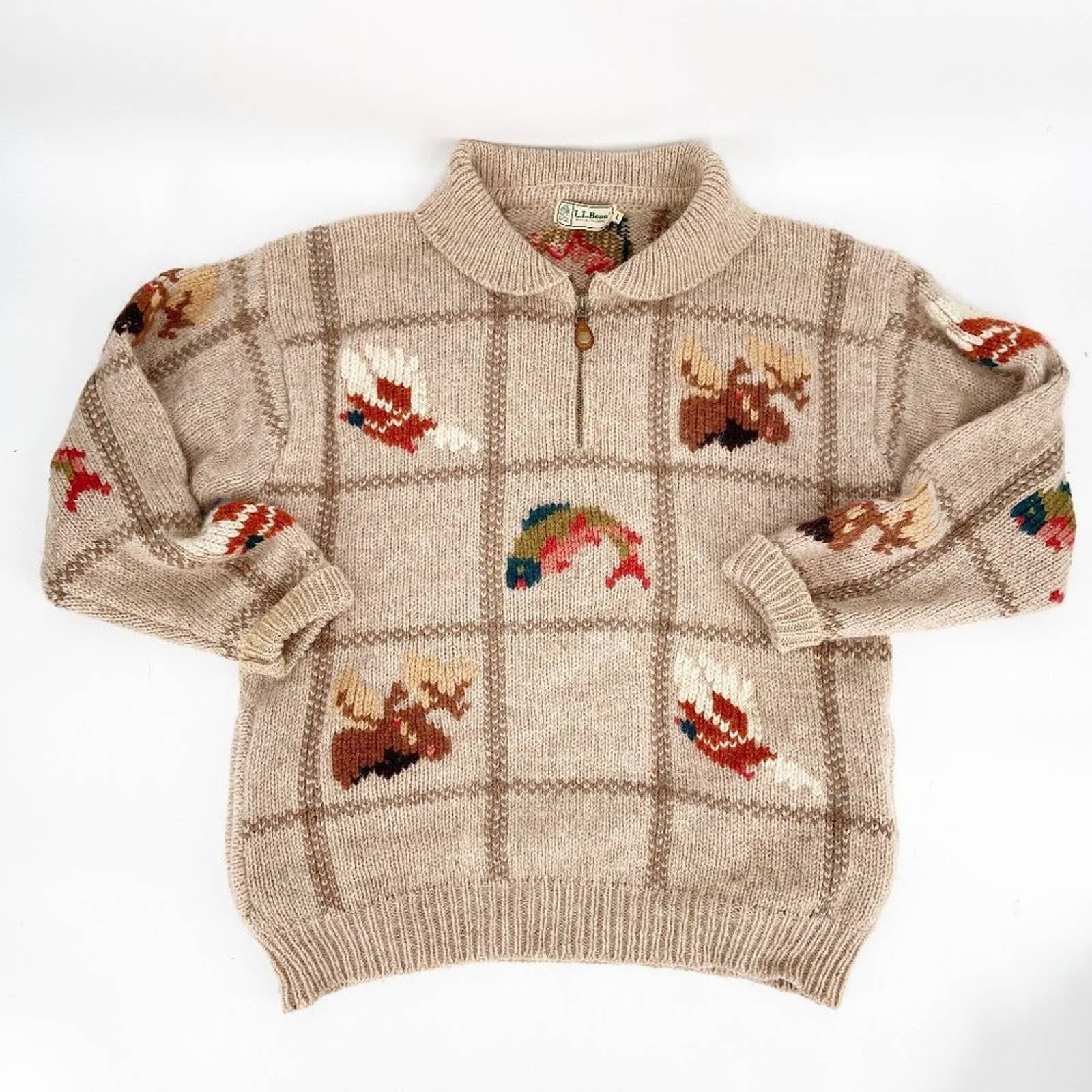 L.L. Bean VINTAGE LL BEAN Moose Duck Fish 100% Wool Sweater Iconic