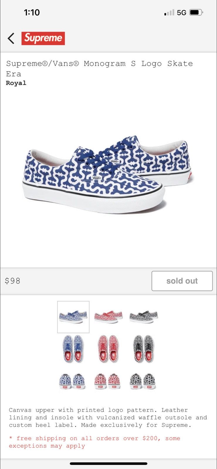 Supreme × Vans royal Monogram S Logo Skate Era Size US 8.5 / EU 41-42 - 1 Preview