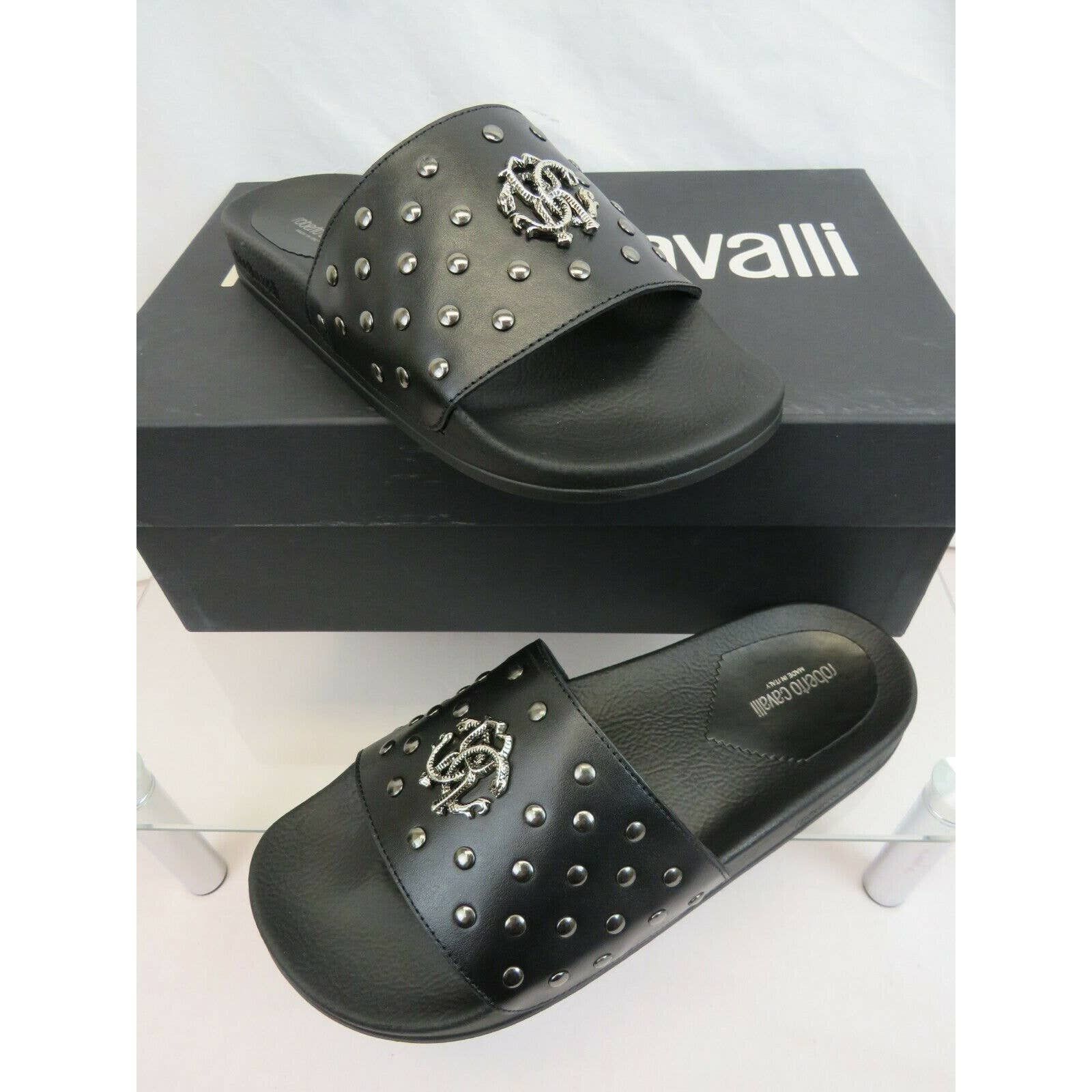 BLACK LEATHER SNAKE MEDALLION LOGO STUD SANDAL 43.5 / 10.5 ITALY Snake-Embellished Sandals in Black for Women | Roberto Cavalli® main image 4