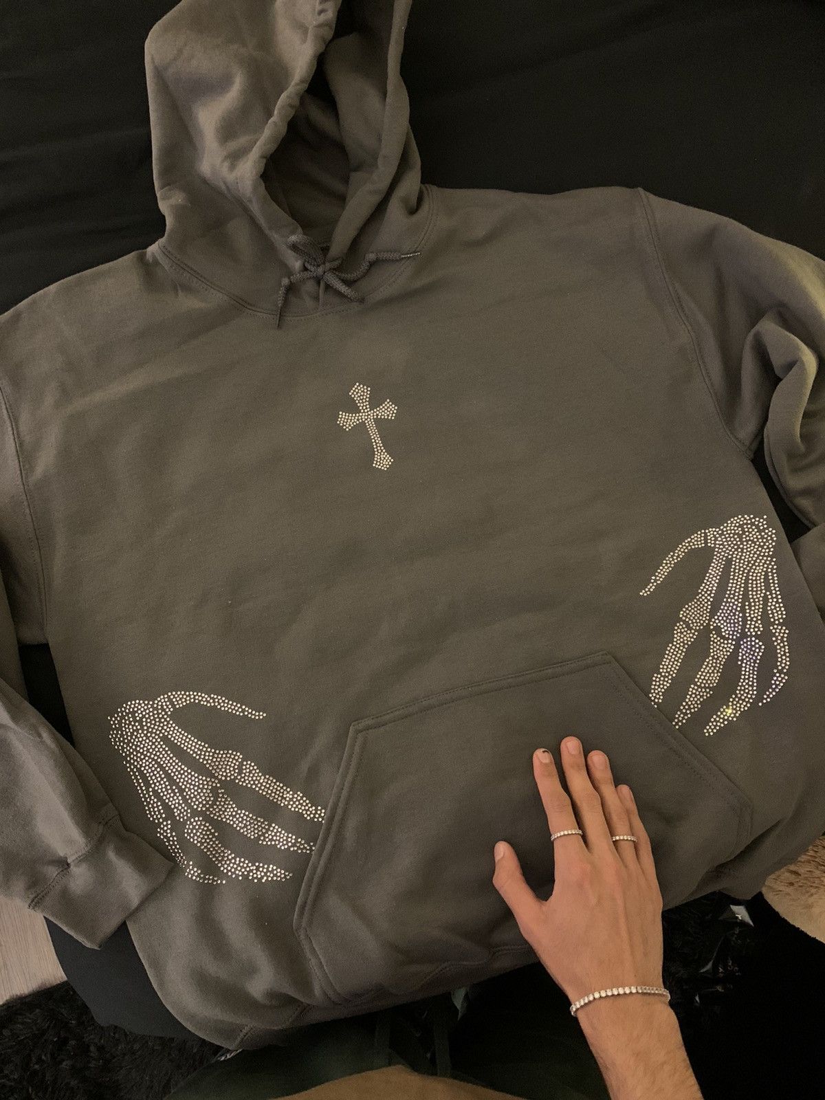 Vintage Rhinestones Skeleton Hands and Crosses Hoodie | Grailed