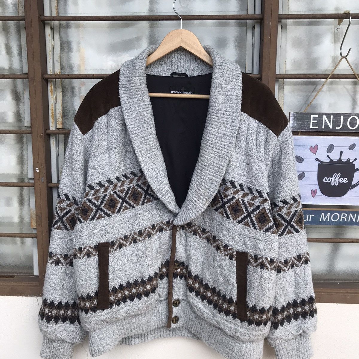 Aran Isles Knitwear Grail!Arnaldo Bassini knitting shawl collar pigskin shoulder Size US M / EU 48-50 / 2 - 5 Thumbnail
