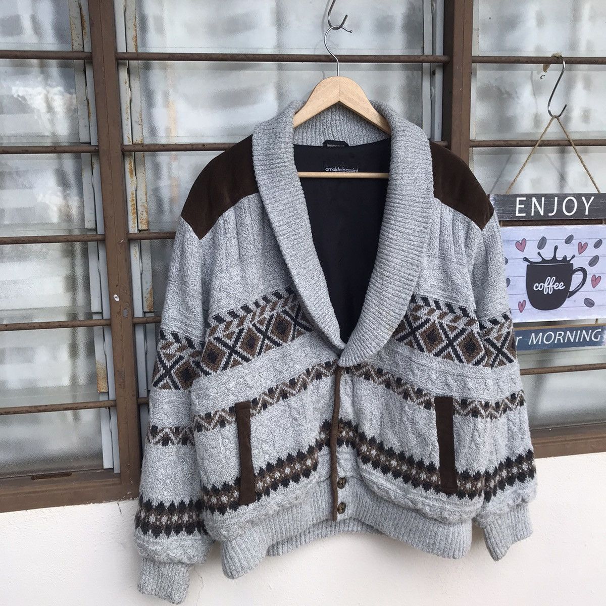 Aran Isles Knitwear Grail!Arnaldo Bassini knitting shawl collar pigskin shoulder Size US M / EU 48-50 / 2 - 3 Thumbnail