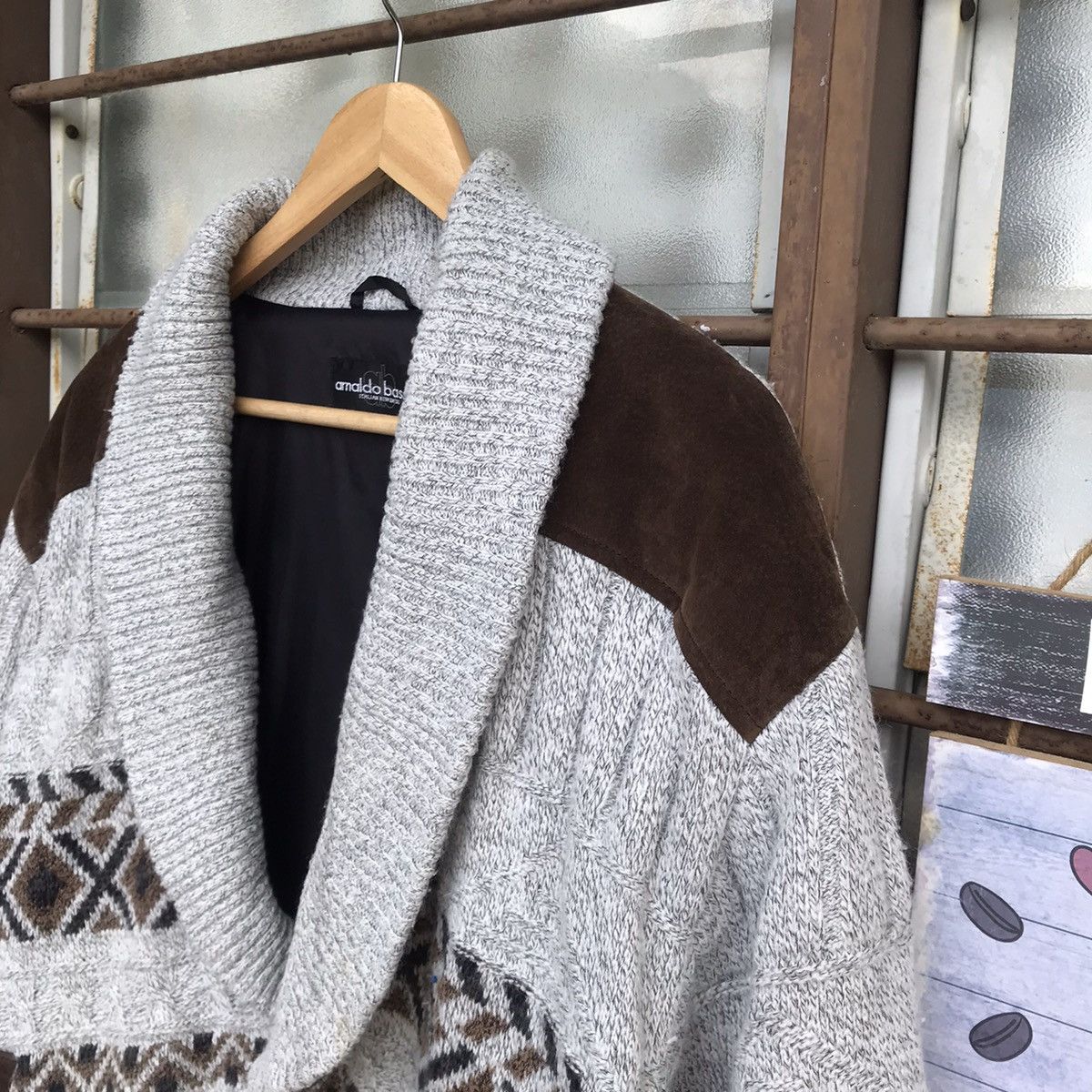 Aran Isles Knitwear Grail!Arnaldo Bassini knitting shawl collar pigskin shoulder Size US M / EU 48-50 / 2 - 6 Thumbnail