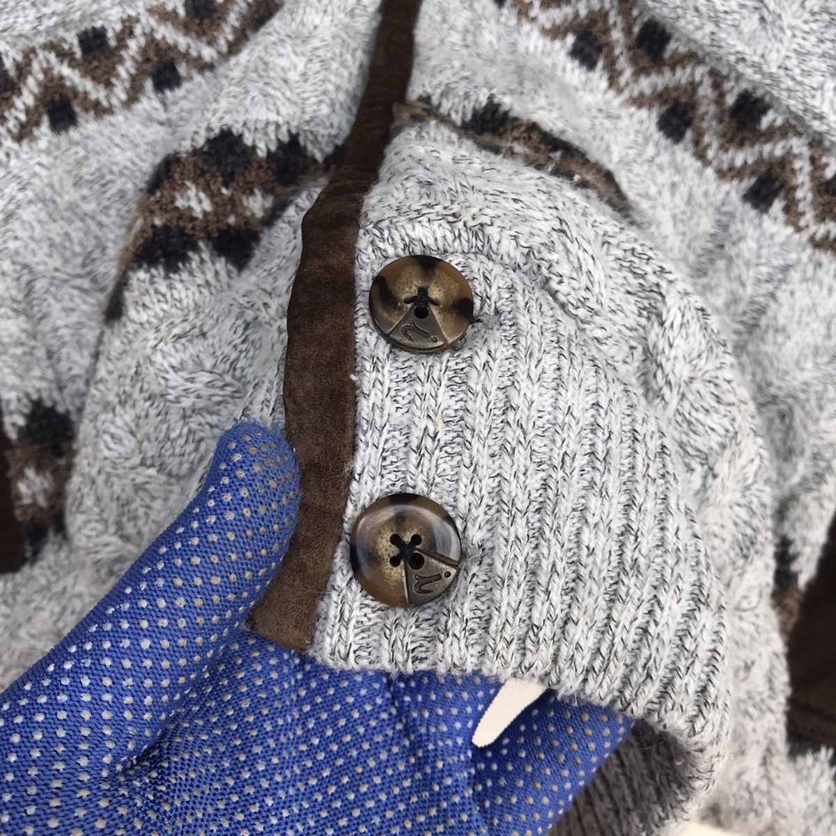 Aran Isles Knitwear Grail!Arnaldo Bassini knitting shawl collar pigskin shoulder Size US M / EU 48-50 / 2 - 8 Thumbnail