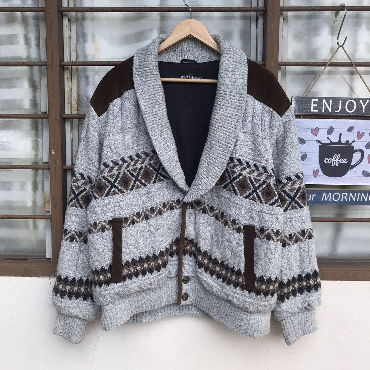 Aran Isles Knitwear Grail!Arnaldo Bassini knitting shawl collar pigskin shoulder Size US M / EU 48-50 / 2 - 2 Thumbnail