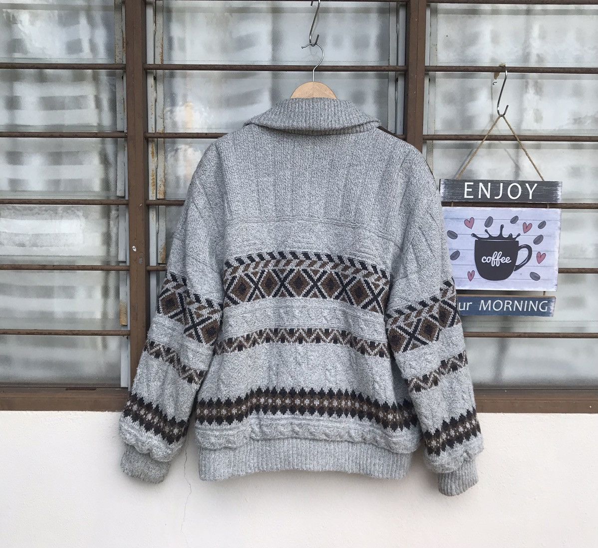 Aran Isles Knitwear Grail!Arnaldo Bassini knitting shawl collar pigskin shoulder Size US M / EU 48-50 / 2 - 9 Thumbnail