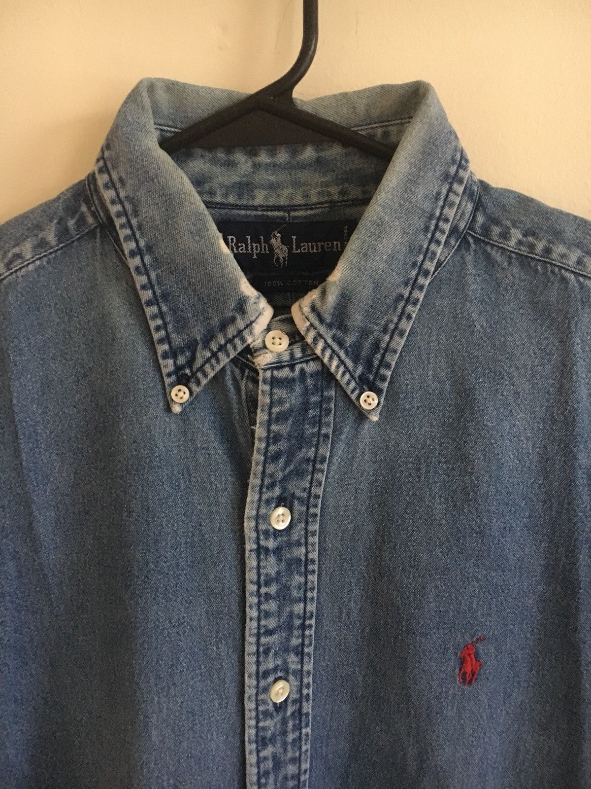 Polo Ralph Lauren × Ralph Lauren × Vintage Vtg 90s 🔥 Faded Washed Denim Polo Button Up Size US L / EU 52-54 / 3 - 3 Thumbnail