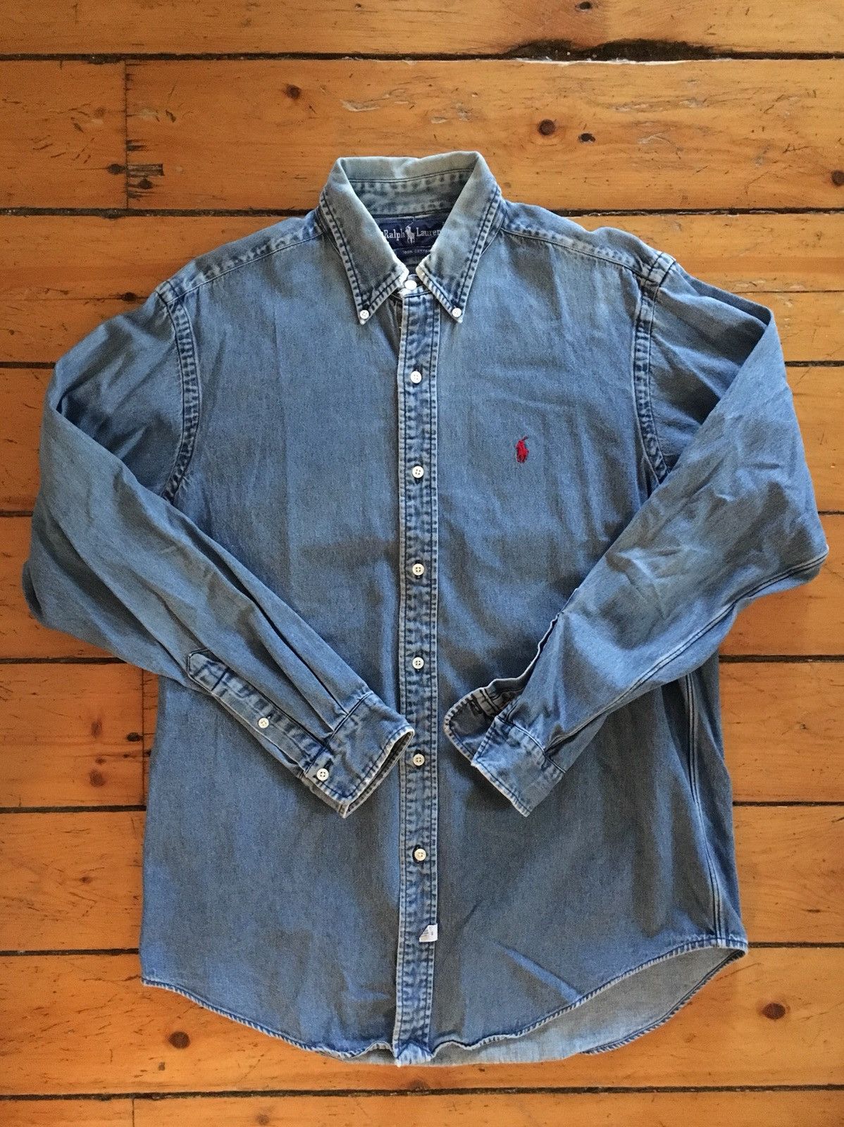 Polo Ralph Lauren × Ralph Lauren × Vintage Vtg 90s 🔥 Faded Washed Denim Polo Button Up Size US L / EU 52-54 / 3 - 1 Thumbnail