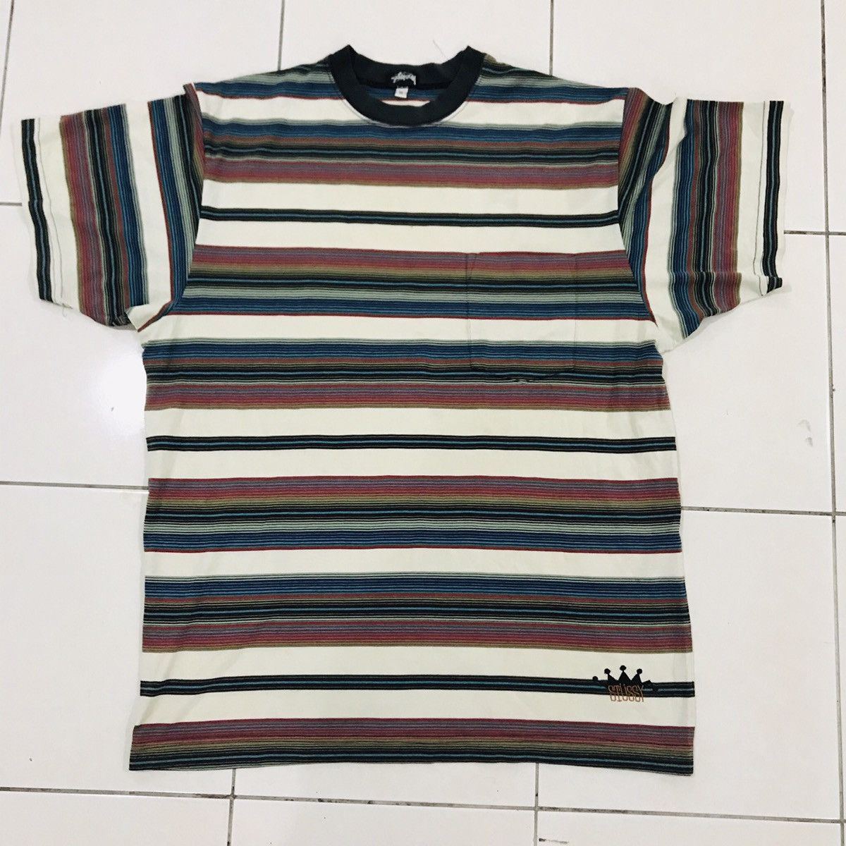 Vintage 90s Stussy striped pocket tee Streetwear t shirt 