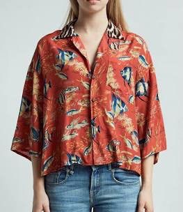 R13 Oversized Hawaiian Shirt in Red Fish & Leopard