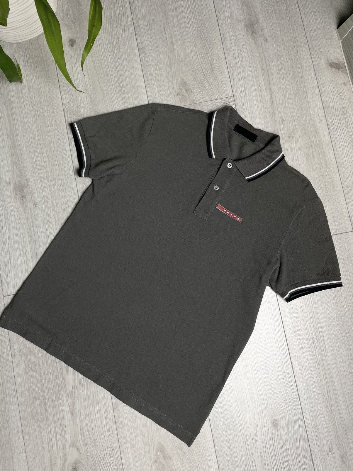 image of Prada Red Tab Grey Polo Shirt, Men's (Size Small)