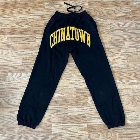 Mens Chinatown good Market Black Yellow Arc Logo Fleece Sweatpants with Pockets XL