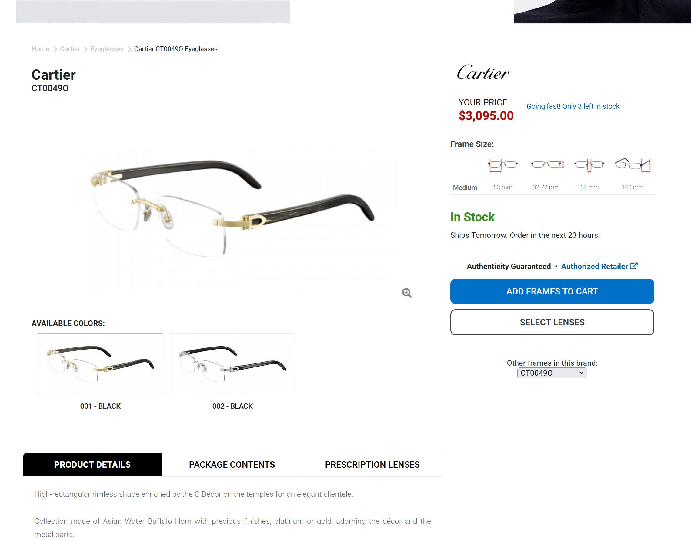 Cartier NEW! Cartier Black Buffalo Horn Glasses CT00490 Size ONE SIZE - 15 Thumbnail