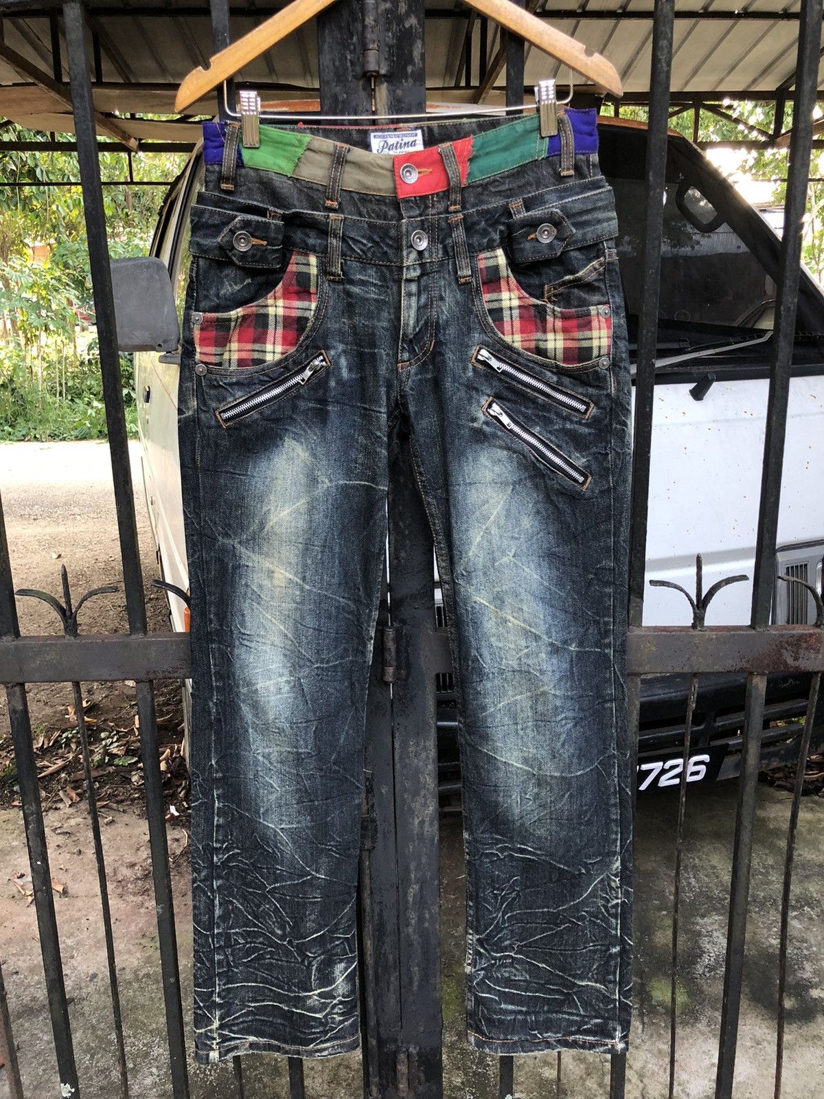 Patina Double Waist Distressed Design Multi Pockets Denim
