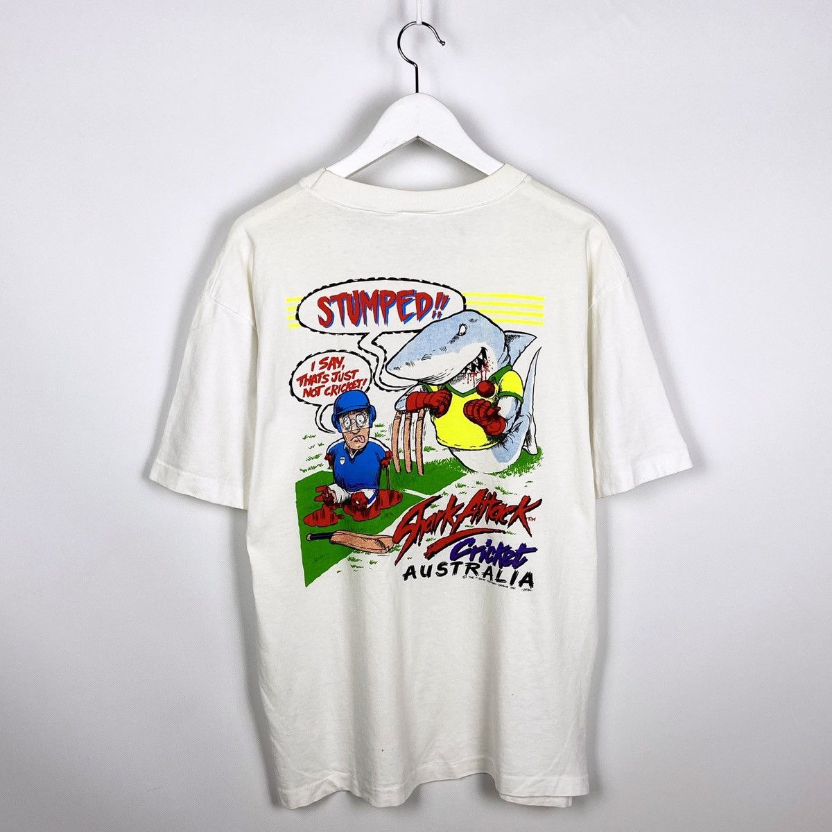 Vintage Vintage 1991 90s Shark Attack Cricket Australia tee size L Size US L / EU 52-54 / 3 - 1 Thumbnail