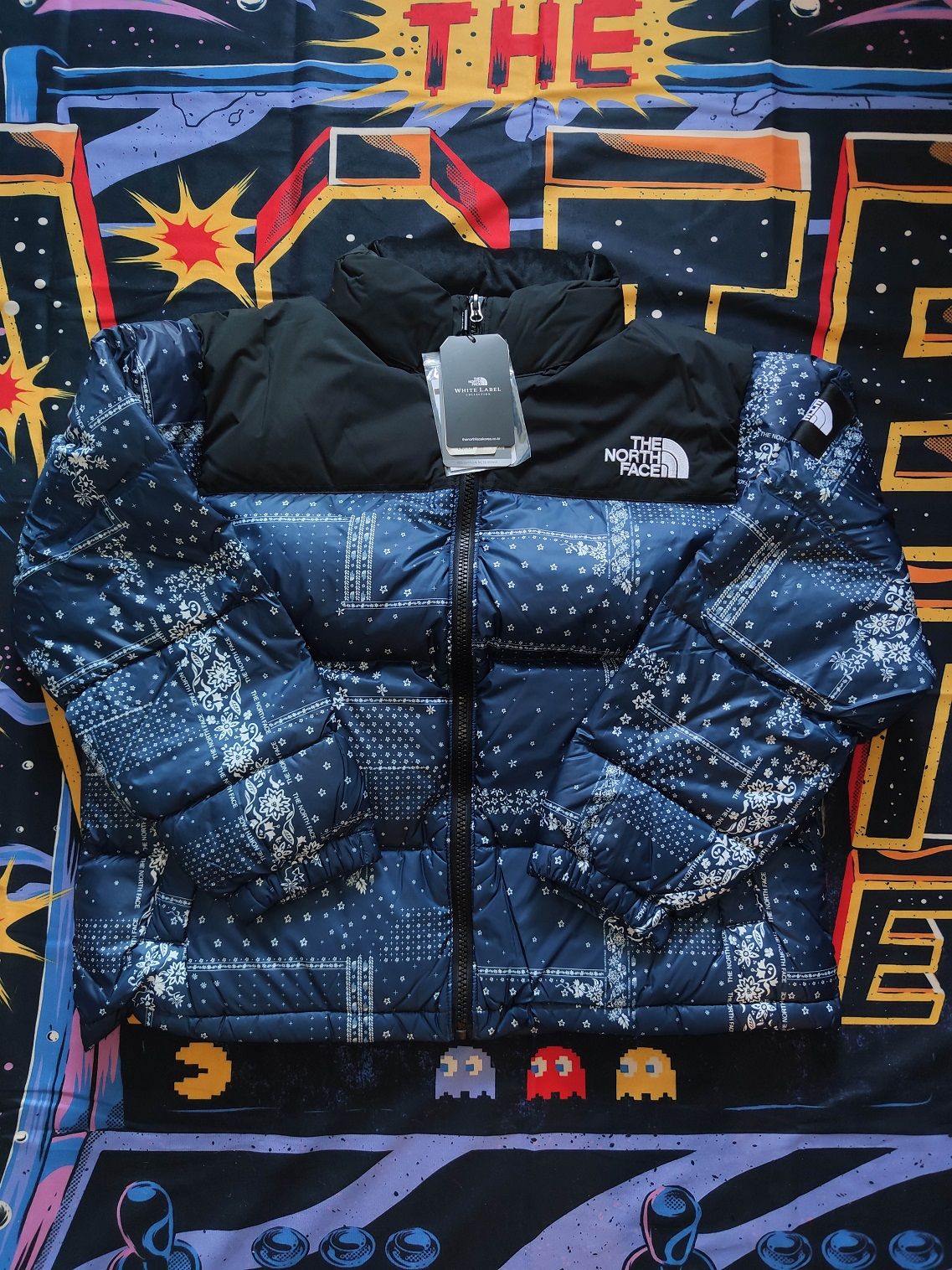 Pre-owned The North Face Nuptse Paisley Bandana Pattern Down Jacket In Navy