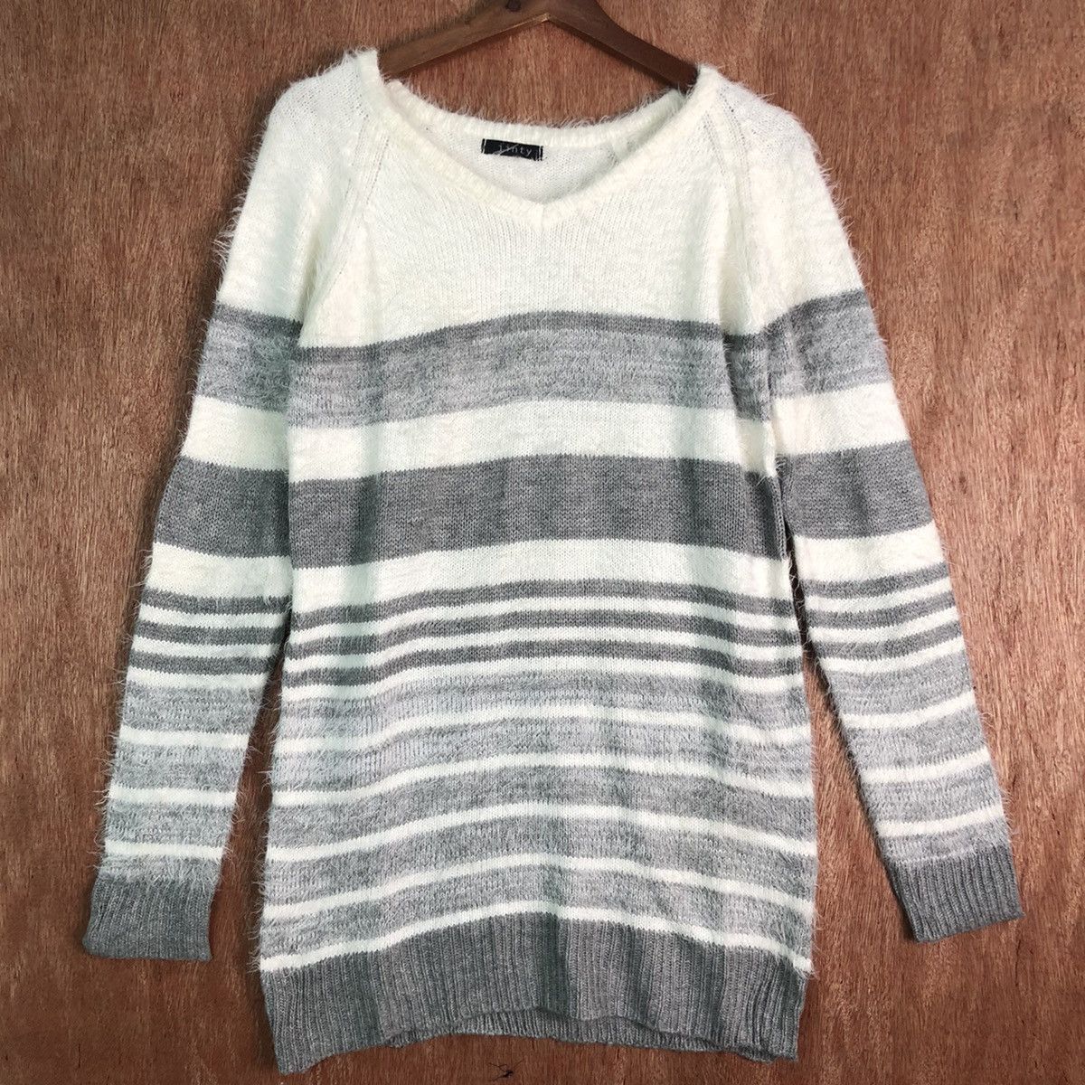 Homespun Knitwear × Japanese Brand Jinty Stripes White Grey Mohair Knitwear Size US M / EU 48-50 / 2 - 3 Thumbnail