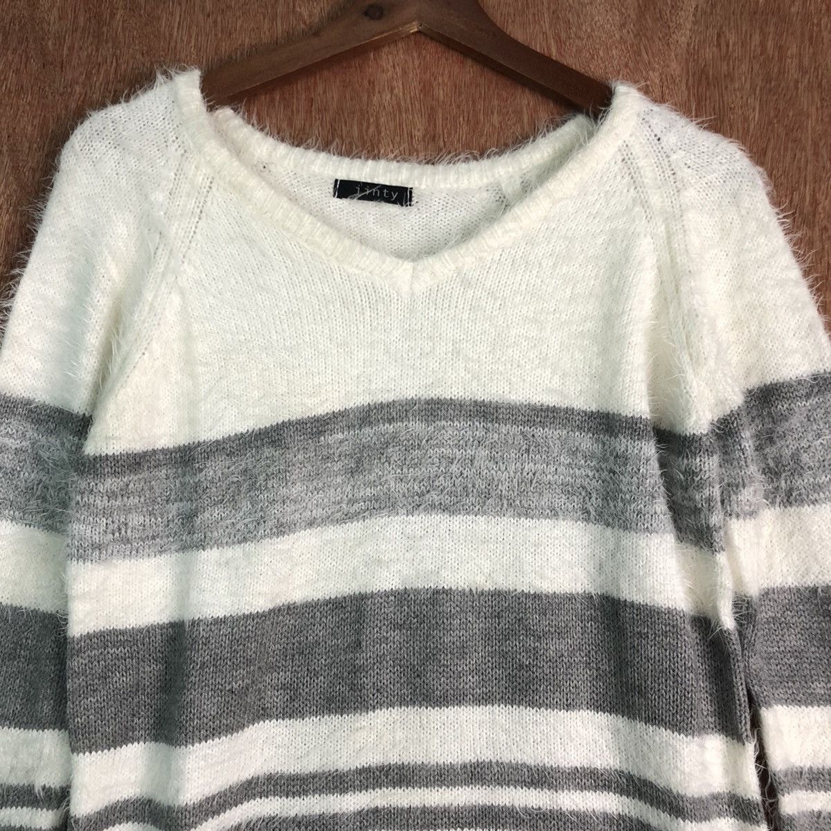 Homespun Knitwear × Japanese Brand Jinty Stripes White Grey Mohair Knitwear Size US M / EU 48-50 / 2 - 8 Thumbnail