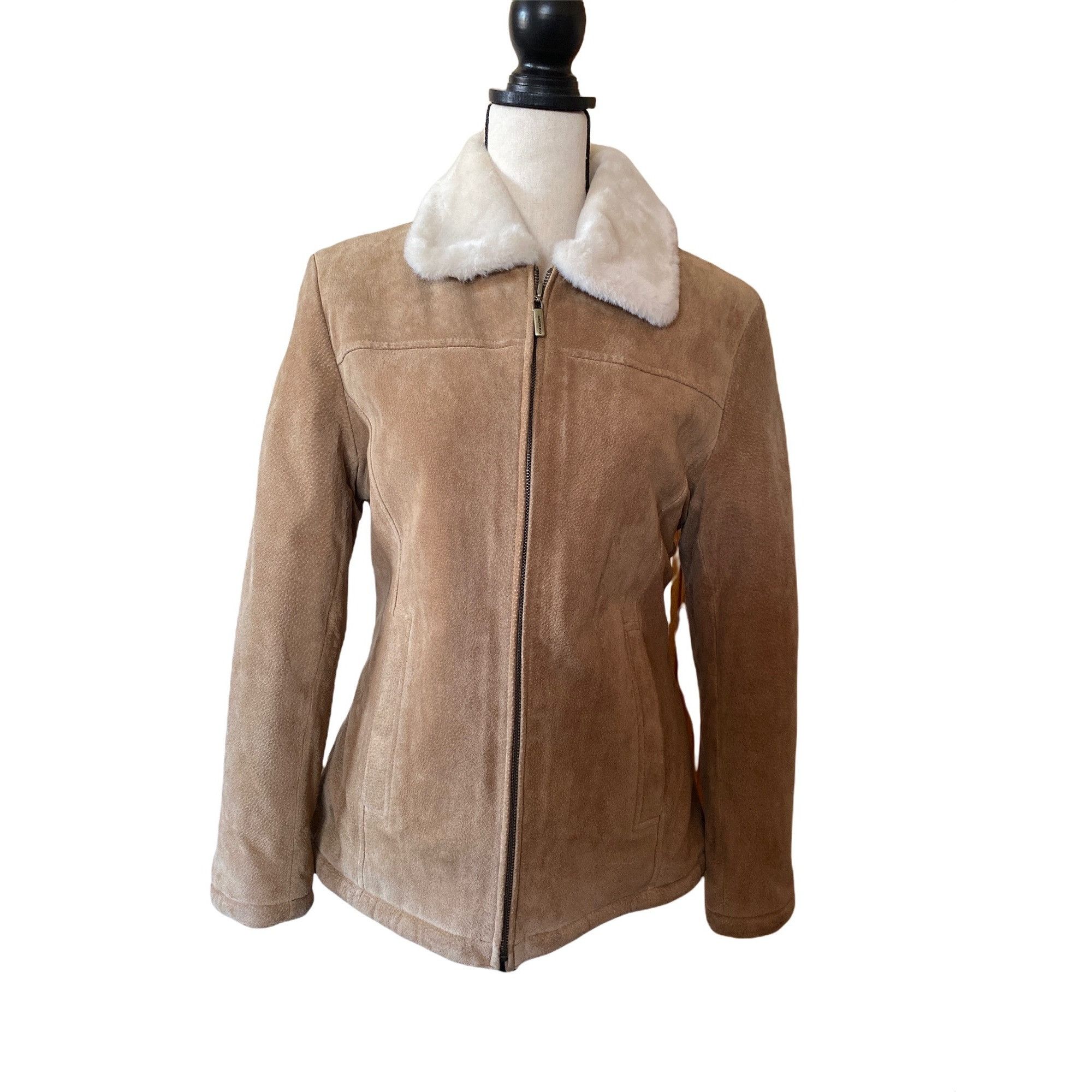 London Fog genuine tan suede leather front metallic zipper