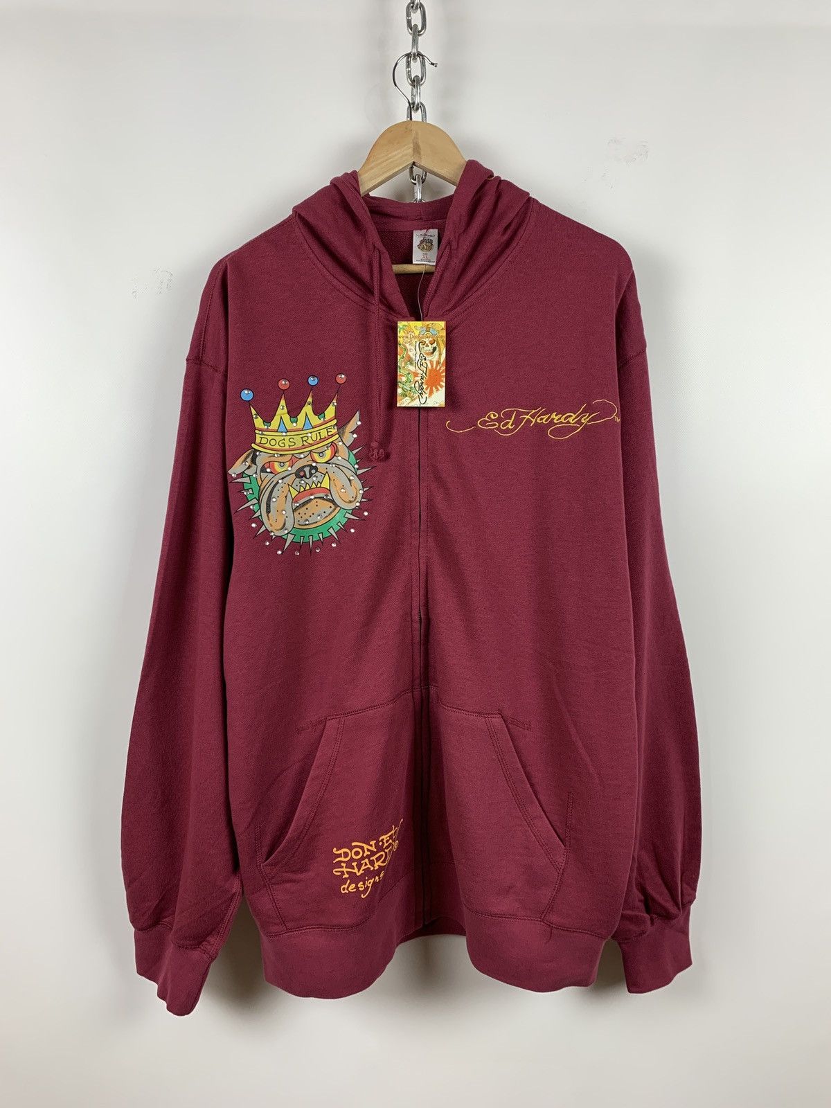 Christian Audigier NWT! Ed Hardy by Christian Audigier Burgundy Bulldog Hoodie Size US XXL / EU 58 / 5 - 2 Thumbnail
