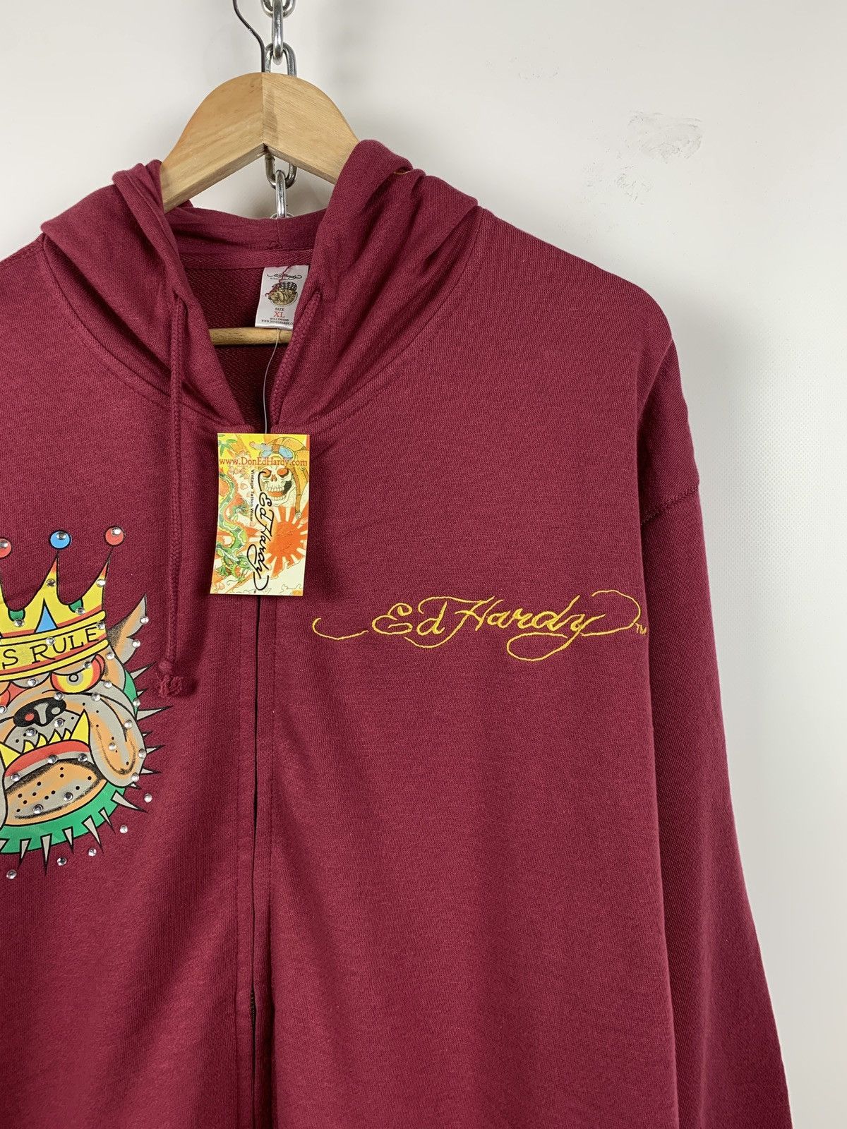 Christian Audigier NWT! Ed Hardy by Christian Audigier Burgundy Bulldog Hoodie Size US XXL / EU 58 / 5 - 9 Thumbnail