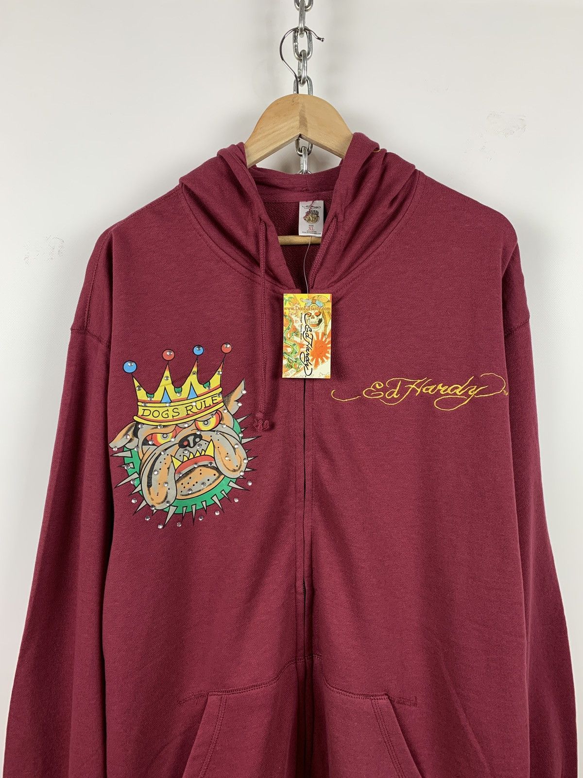 Christian Audigier NWT! Ed Hardy by Christian Audigier Burgundy Bulldog Hoodie Size US XXL / EU 58 / 5 - 7 Thumbnail