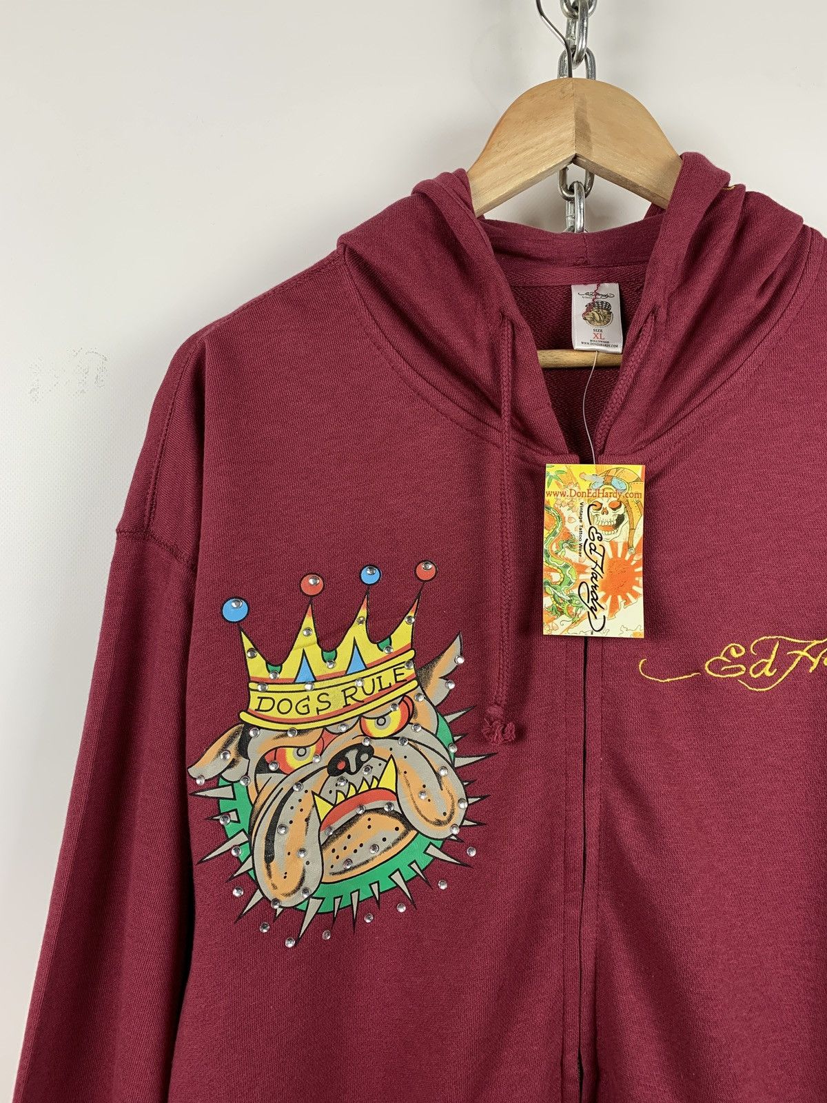 Christian Audigier NWT! Ed Hardy by Christian Audigier Burgundy Bulldog Hoodie Size US XXL / EU 58 / 5 - 8 Thumbnail