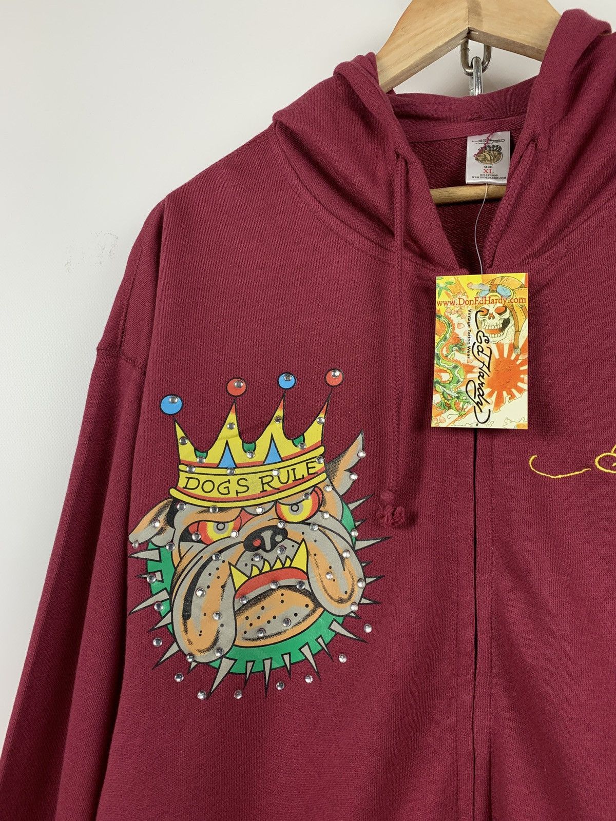 Christian Audigier NWT! Ed Hardy by Christian Audigier Burgundy Bulldog Hoodie Size US XXL / EU 58 / 5 - 10 Thumbnail