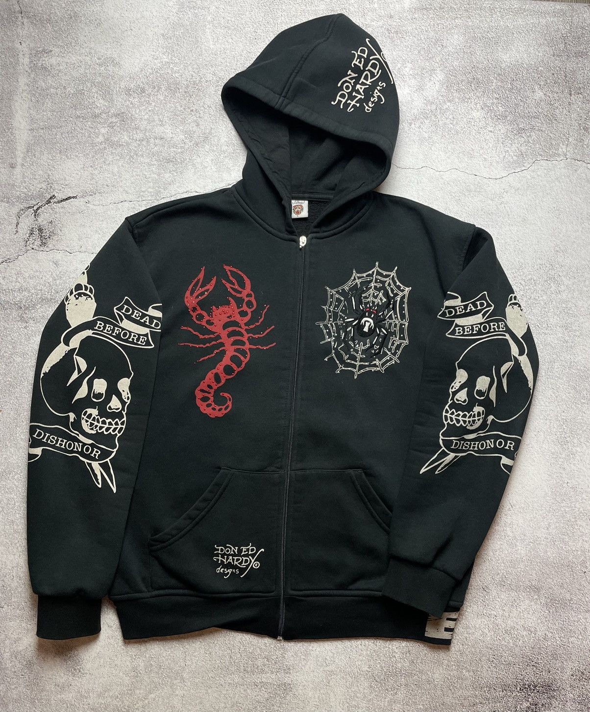 Y2k Grunge Rhinestone Ed Hardy zip up hoodie skull | Depop