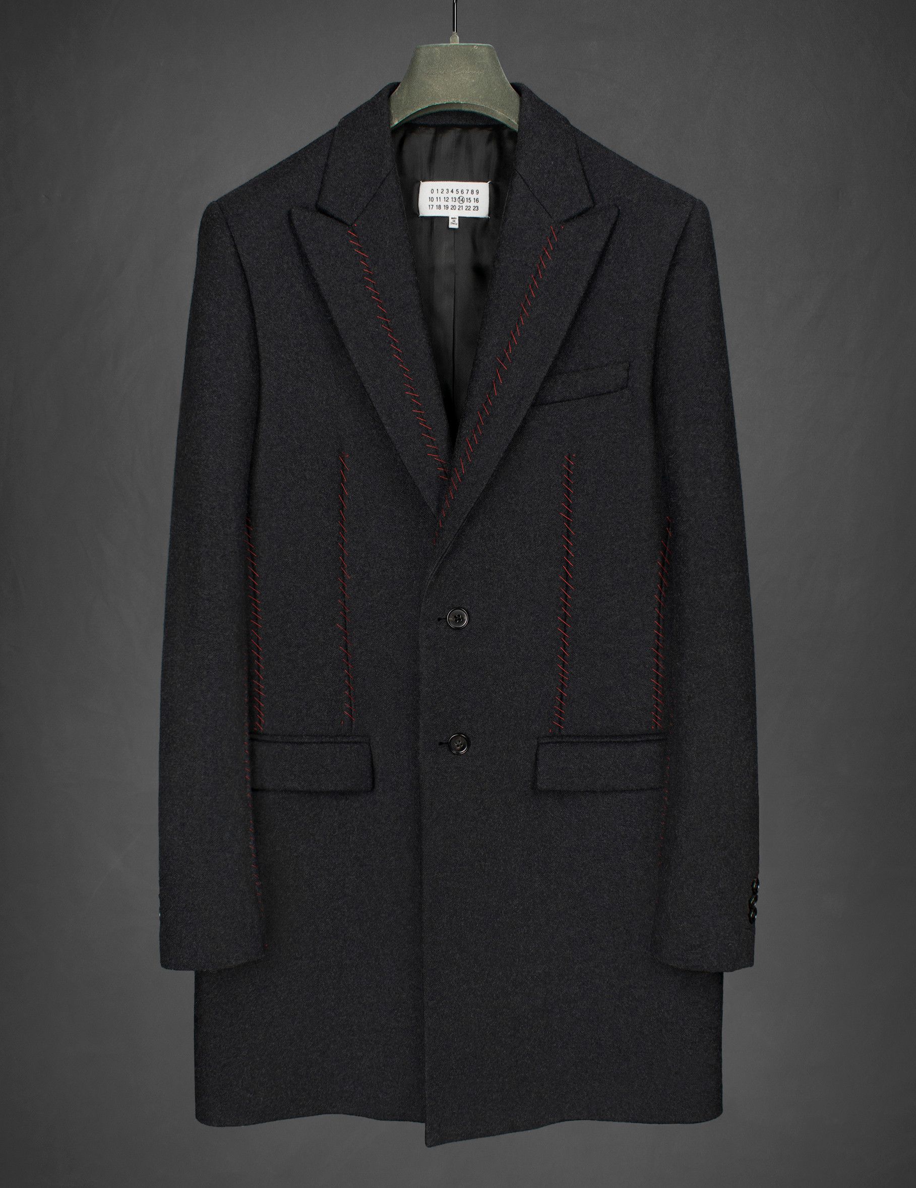 image of Maison Margiela F/w 2016 Stitched Blend Wool Coat in Coal/Dark Gray/Red, Men's (Size Medium)
