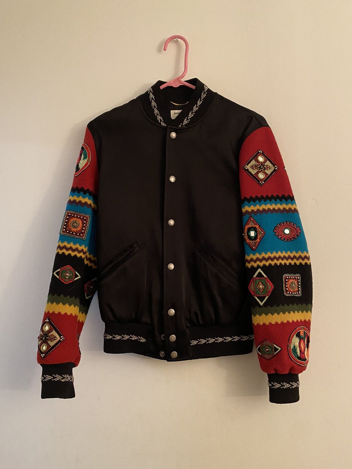 image of Saint Laurent Paris Slp Satin Wool Teddy Jacket Embroidered Beading Ss18 in Black/Red (Size Small)