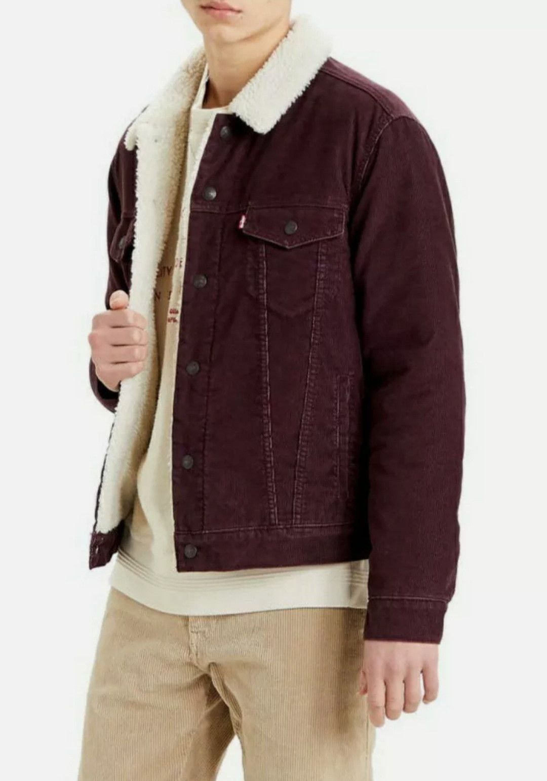 MENS Levi's Corduroy Sherpa Trucker Jacket Burgundy Brown
