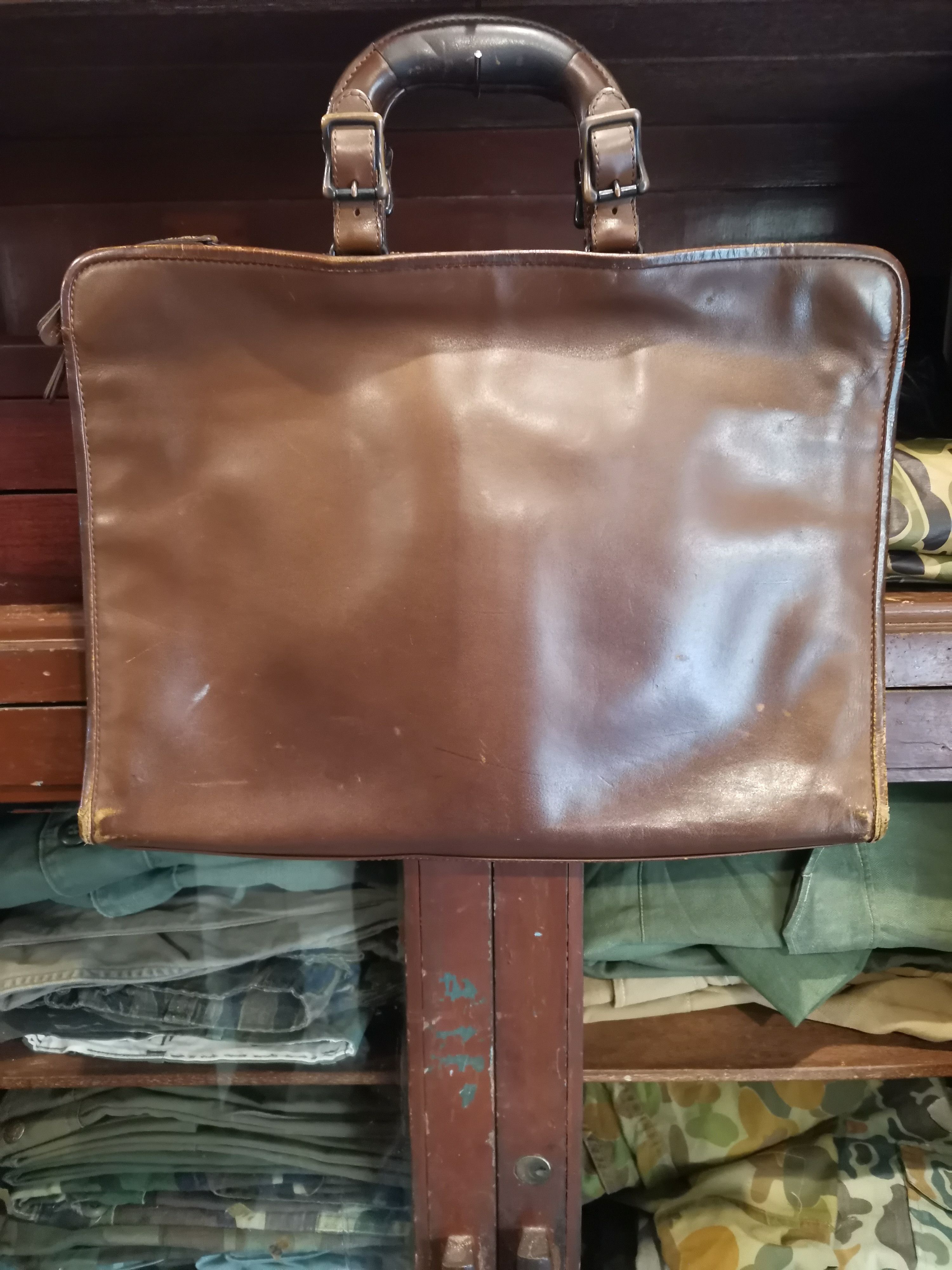 image of Head Porter x Porter Luggage Label Leather Military Saddle Briefcase in Brown, Men's