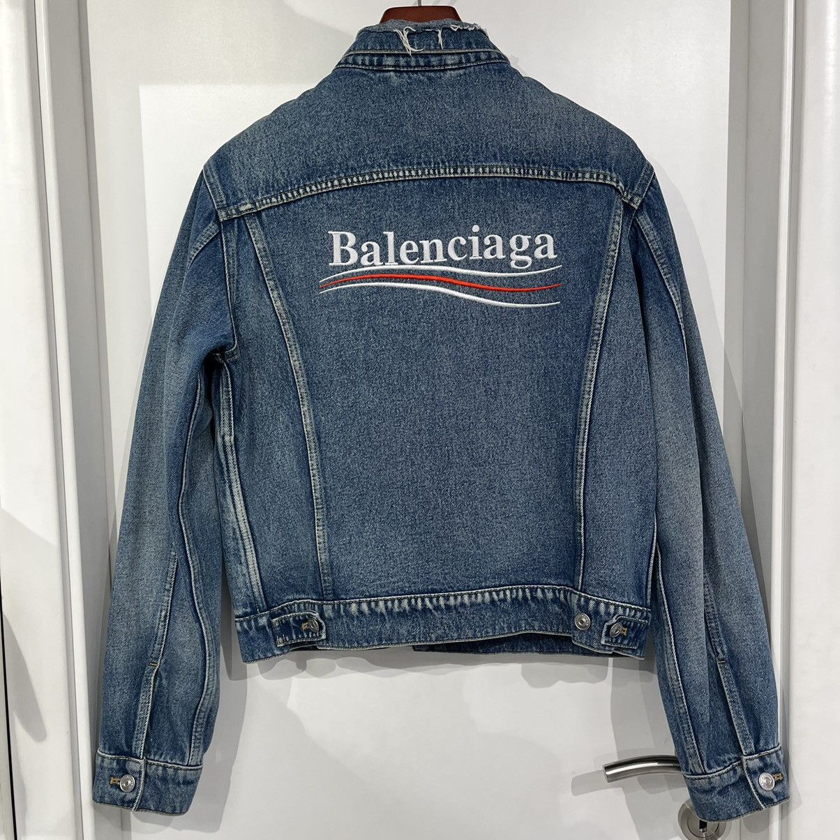 image of Balenciaga Denim Trucker Jacket Washed Blue, Men's (Size Medium)