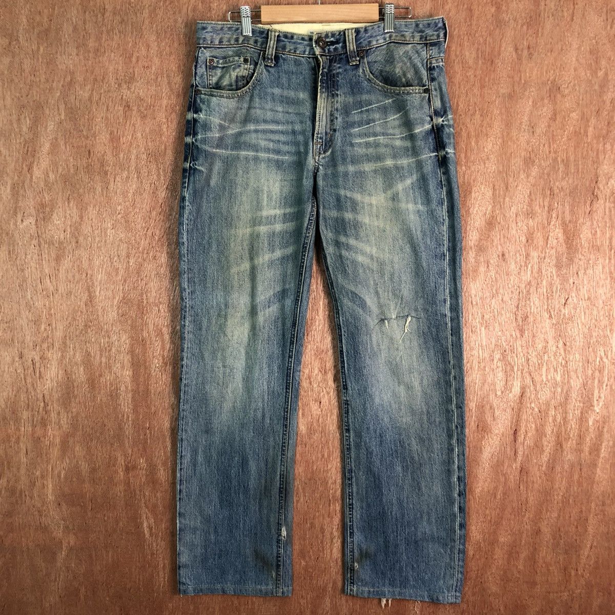 image of Navy Produce Blue Distressed Denim Vintage Pants C206, Men's (Size 32)