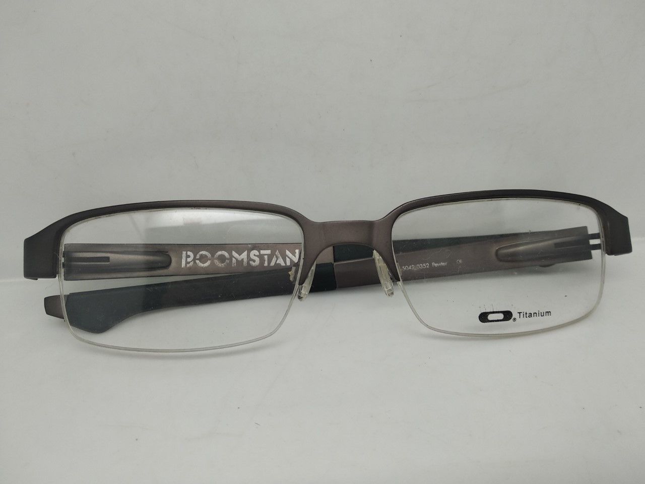 image of Mod Iconic Oakley Boomstand Titanium Eyeglasses in Pewter Grey, Men's