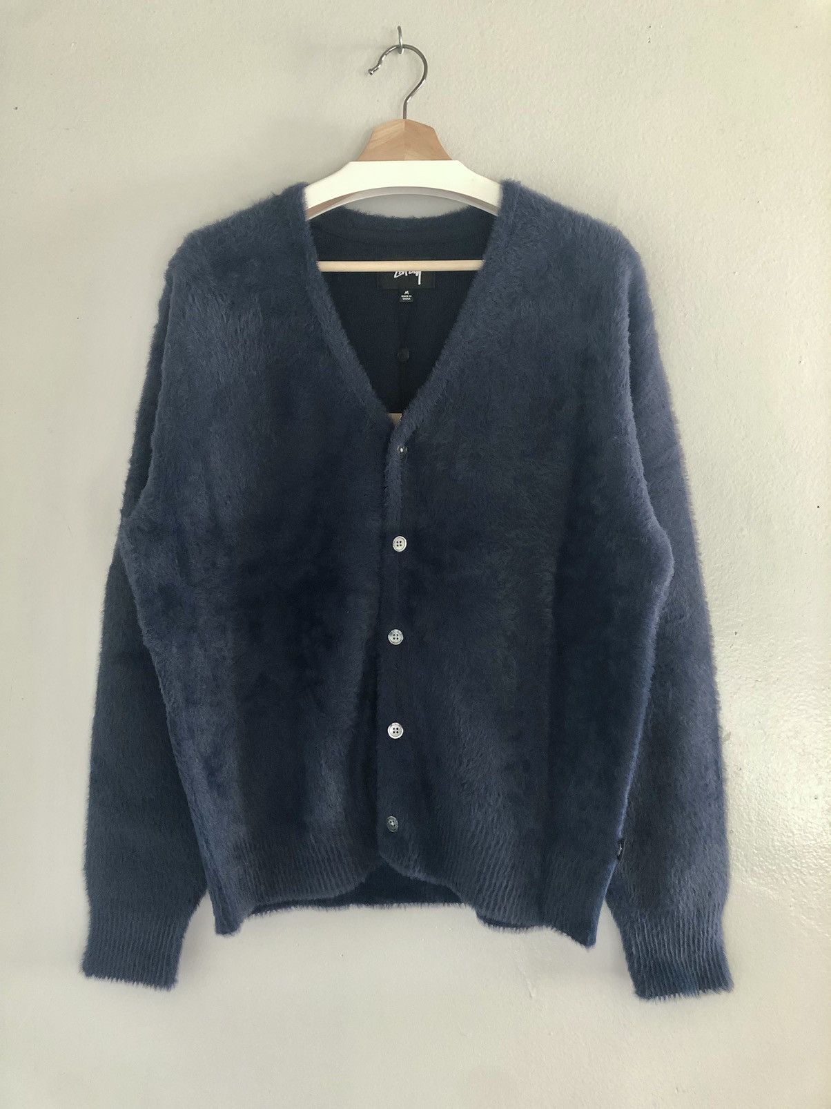 Streetwear × Stussy Stussy Shaggy Cardigan Fuzzy Knit Navy Blue